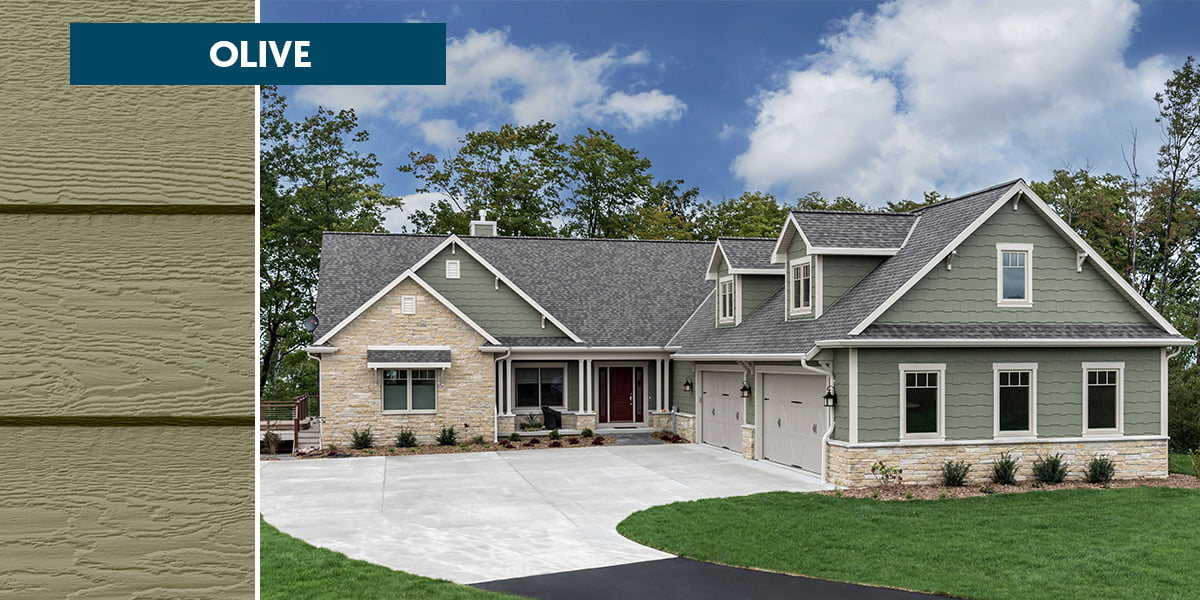Olive green siding color on ranch style home from Diamond Kote