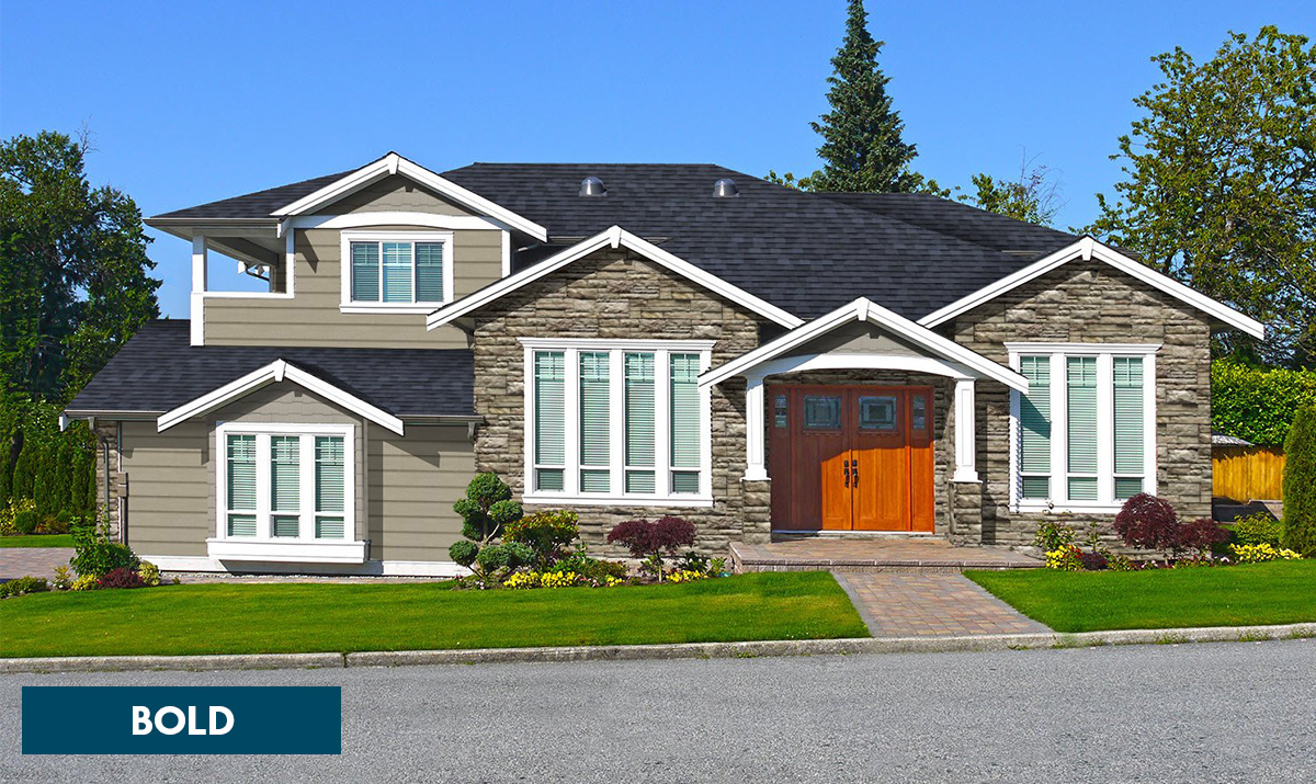 Tan siding with Atlantic Blue roofing