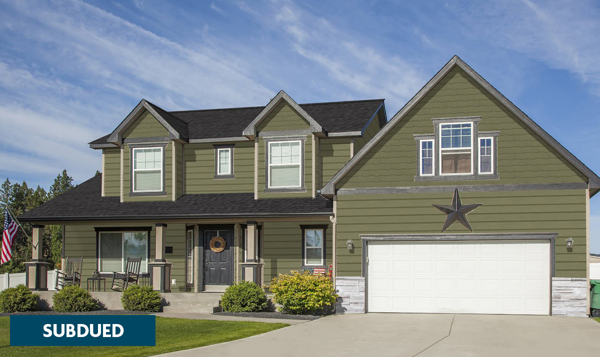 Green siding with Pewter roofing