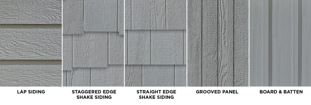 details of lap siding, shake siding, grooved panel, and board & batten siding