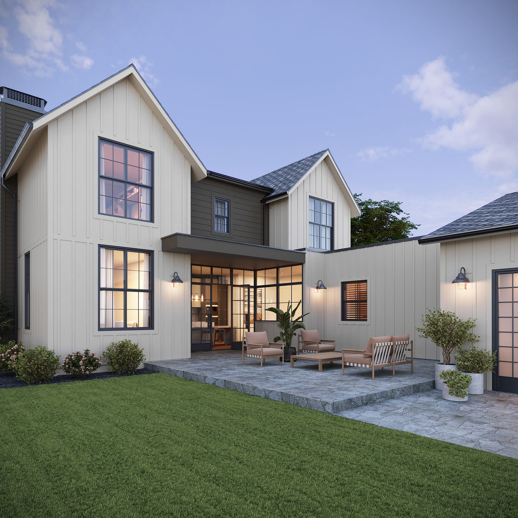 A transitional home featuring vertical board & batten in Glacier Fog and Lap Siding in Coffee
